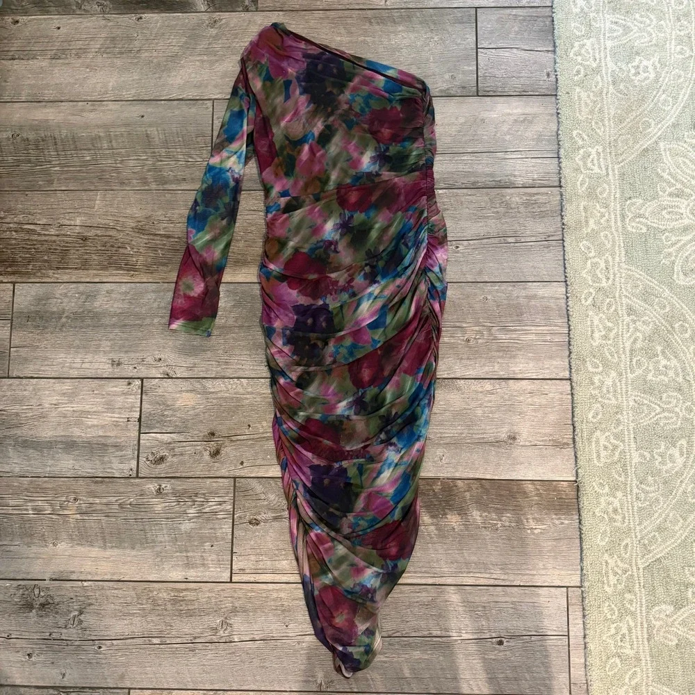 Showpo One Shoulder Ruched Mesh Midi Dress Floral Watercolor Purple Teal US 8 - Picture 2 of 7